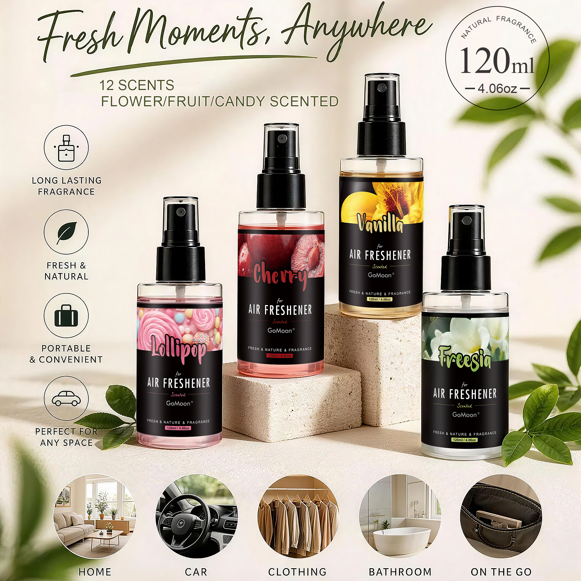 Home Fragrance Mist - flower/fruit/candy scent car fragrance spray, 120ml/4.06oz